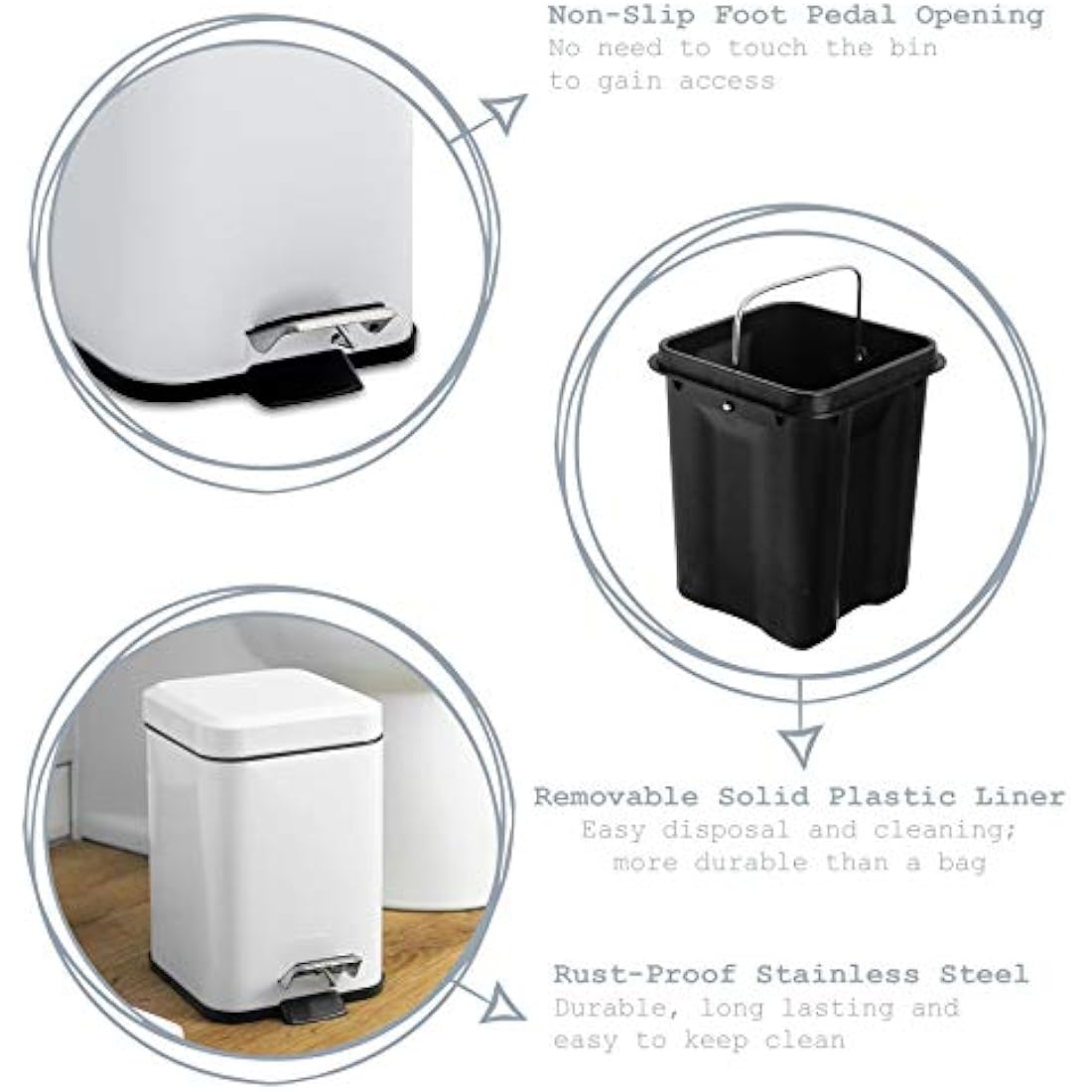 Harbour Housewares Bathroom Bin & Brush Set - White - 2pc Square Stainless Steel Pedal Bin & Toilet Brush Set Slim Small Trashcan for Kitchen Waste, Bathroom Rubbish