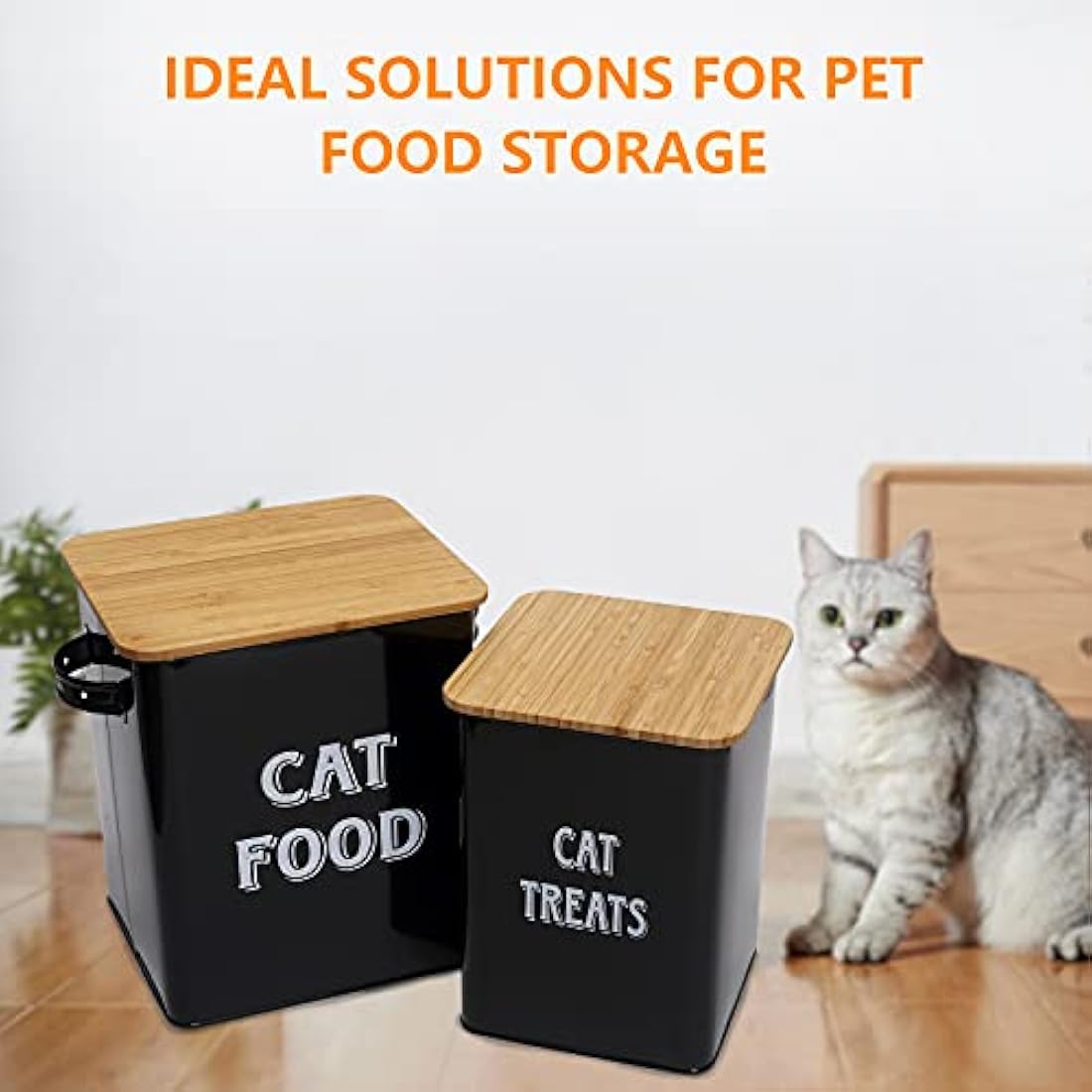 Pet Food and Treats Containers Set with Scoop for Cats or Dogs - Beige Powder-Coated Carbon Steel - Tight Fitting Wood Lids - Storage Canister Tins - Cat Food - Black