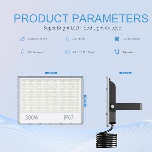 YIQIBRO LED Security Lighting Floodlight 300W - 30000LM IP67 Waterproof Outdoor Flood Lights Mains Powered, 7000K Cold White Outside Lights Mains Powered for Garden, Patio, Yard(2 Pack)