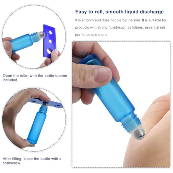 Frosted Essential Oils Roller Bottles, 10pcs Refillable Empty Glass Bottles with Stainless Steel Balls and Bamboo Lid (Blue)