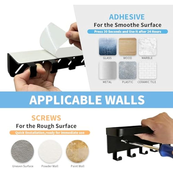 GTK Key Holder with Tray and 6 Hooks for Hallway, Key Rack with Shelf for Mail Storage (Black)