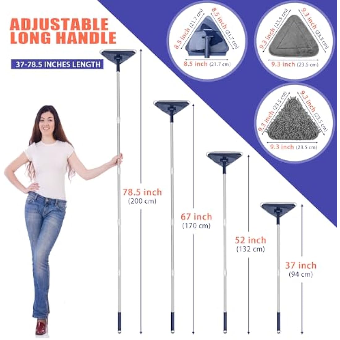 JEHONN 200CM Wall Cleaning Mop with Long Handle, 3-in-1 Ceiling Cleaner Tool Duster with 6 Replacement Microfiber Chenille Pads for Painted Walls, Window, Floor, Baseboard (Dark Blue)