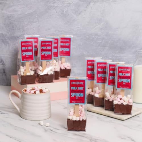Kingsbridge Hot Chocolate Spoons - Belgian Milk Choc & Marshmallows, 10 Pack | Choc Block with Wooden Stirrer & Added Sweet Treats | Gifts for Birthdays, Special Occasions or Sleepovers