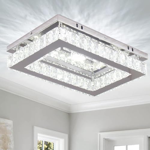 Finktonglan LED Crystal Chandelier Modern Rectangular Ceiling Lamp K9 Stainless Steel Flush Mount Ceiling Lights Fixture Chandelier for Dining Room Living Room Bedroom (Cool White)