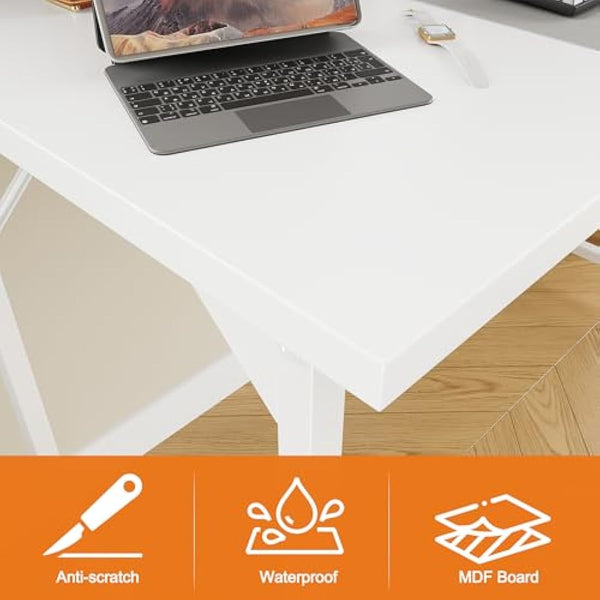 Grandder 100 cm Computer Desk, Small Home Office Desk Study Writing Kid Table, Simple PC Work Desk, Adjustable Feet, White
