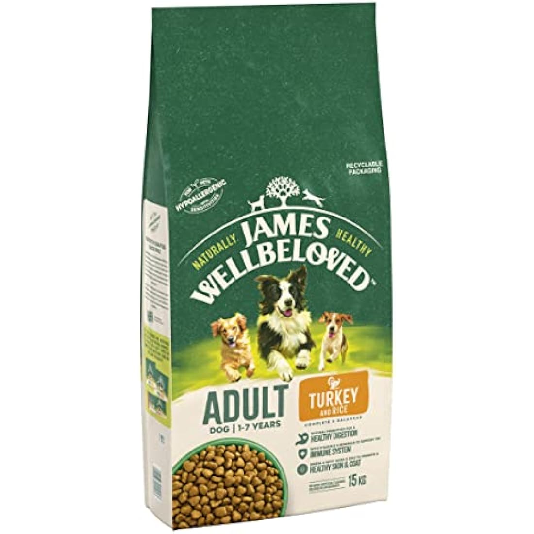 JAMES WELLBELOVED - Hypoallergenic Adult Dry Dog Food - 15 kg - Turkey & Rice - Bulk Dog Food Pack