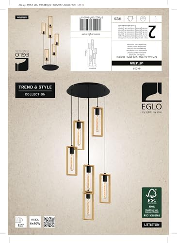 EGLO Pendant Lighting Littleton, 6 Light Vintage Cluster Hanging lamp in Industrial Design, Retro Ceiling Light Made of Black Metal and Natural Wood, E27socket, FSC Certified
