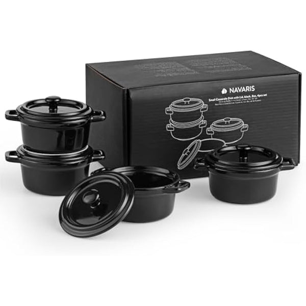 Navaris Small Casserole Dish with Lid - Ceramic Oven Proof Dishes - Mini Baking Casseroles Easy Clean & Store - Single Baking Dishes - Set of 4-237 ml (8 oz) - Black
