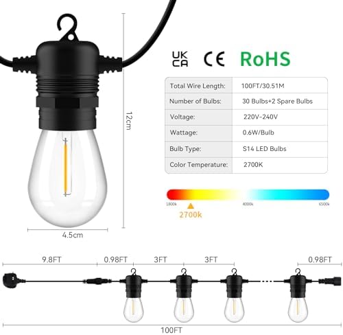AVANLO Outdoor String Lights 100FT /30.5M Festoon Patio Lights Outside Led S14 Lighting Waterproof Mains Powered Shatterproof Edison Bulbs Connectable for Garden Wedding Balcony