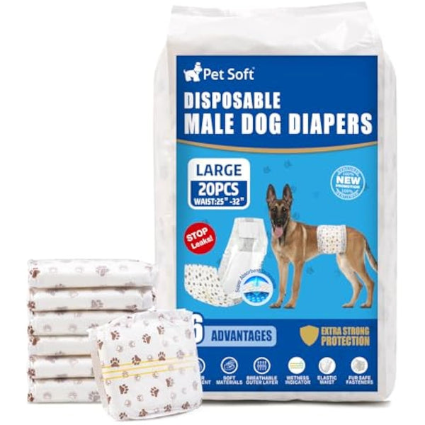 Pet Soft Dog Nappies Male-Disposable Male Dog Wraps 20 Counts, Super Absorbent Puppy Dog Diapers Incontinence Nappy Wraps with Wetness Indicator (L-20 Count)