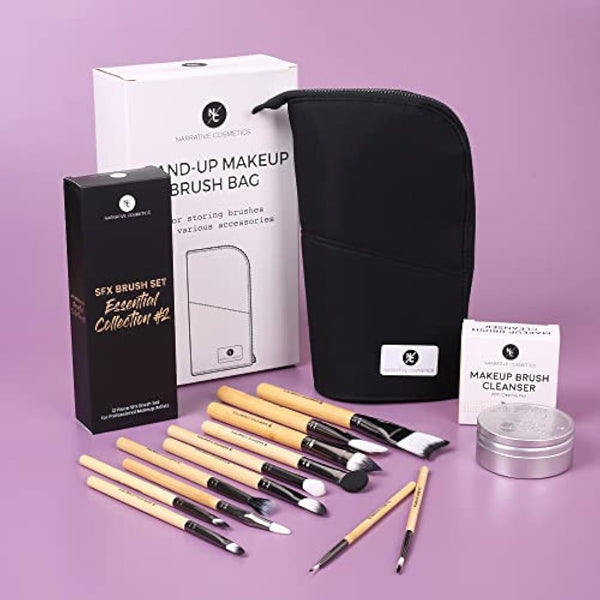 Essential SFX Makeup Brush Kit - 12 Piece Special Effects Set with Vanilla Fragrance Brush Soap Cleanser & Standing Makeup Brush Bag - Film, Theater, Halloween - Collection #2