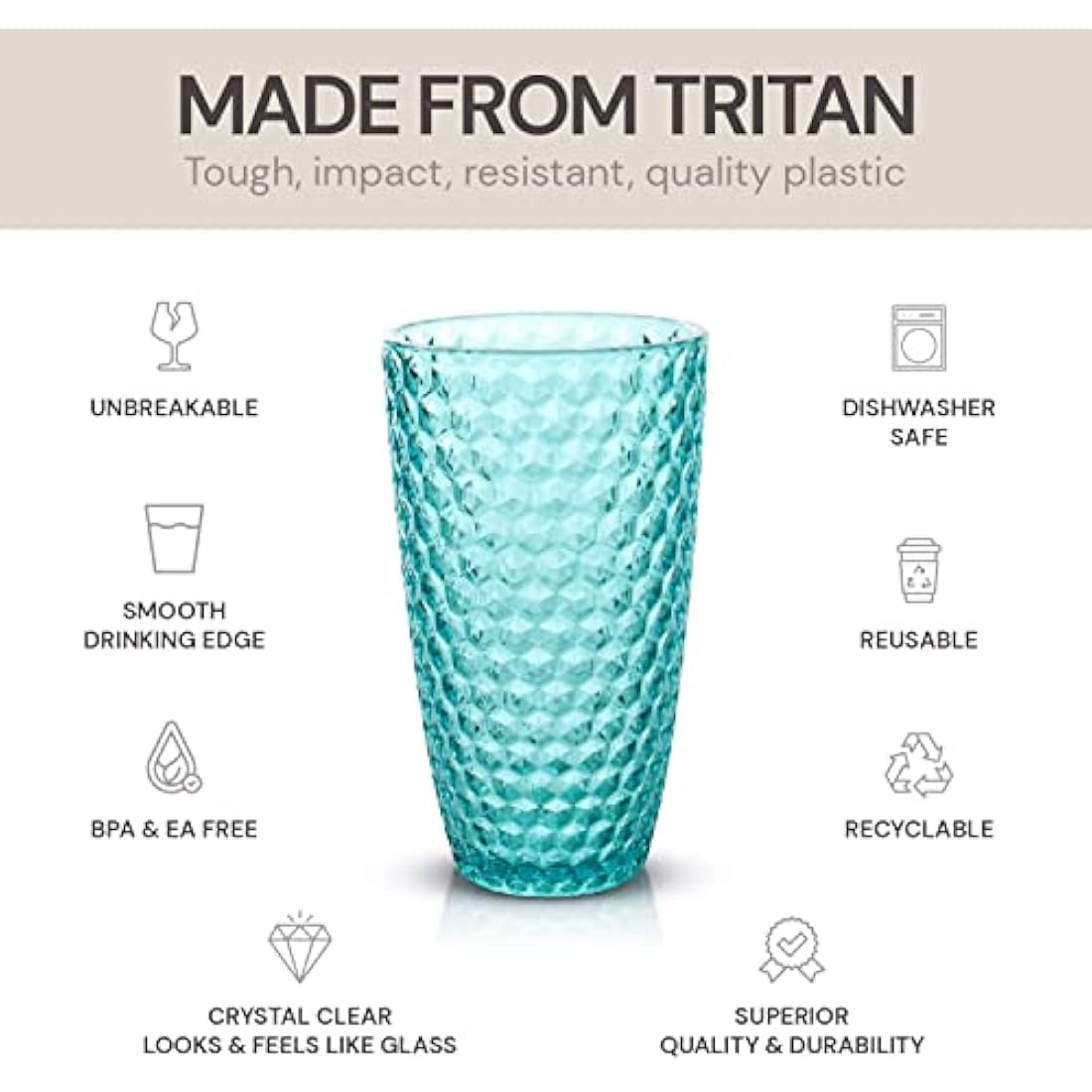 BELLAFORTE Shatterproof Tritan Plastic Tall Tumbler, Set of 4 Cups, 562ml - Laguna Beach Drinking Glasses - Unbreakable Drinking Glasses for Parties - BPA Free - Dishwasher Safe - Blue