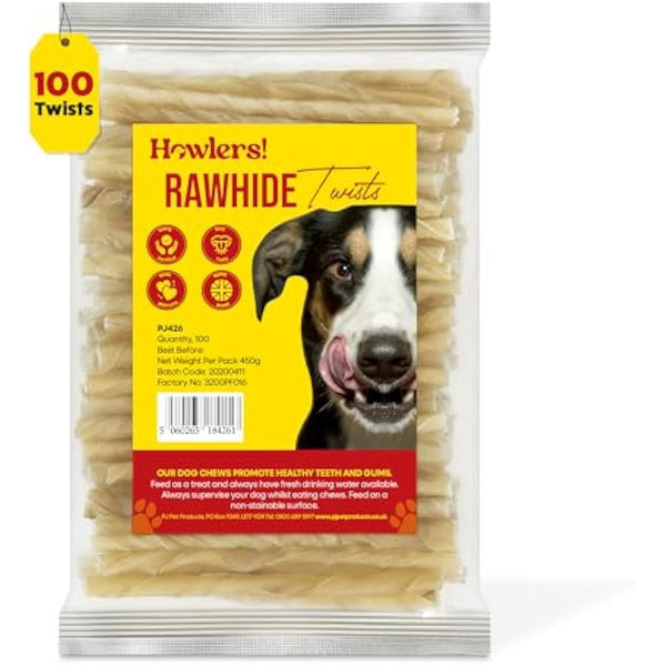 HOWLERS Natural 13cm Pack of 100 Dog Chew Rawhide Twists | Natural Dog Chews Stick For All Dogs | Delicious Dog Chew Sticks For Your Furry Friend