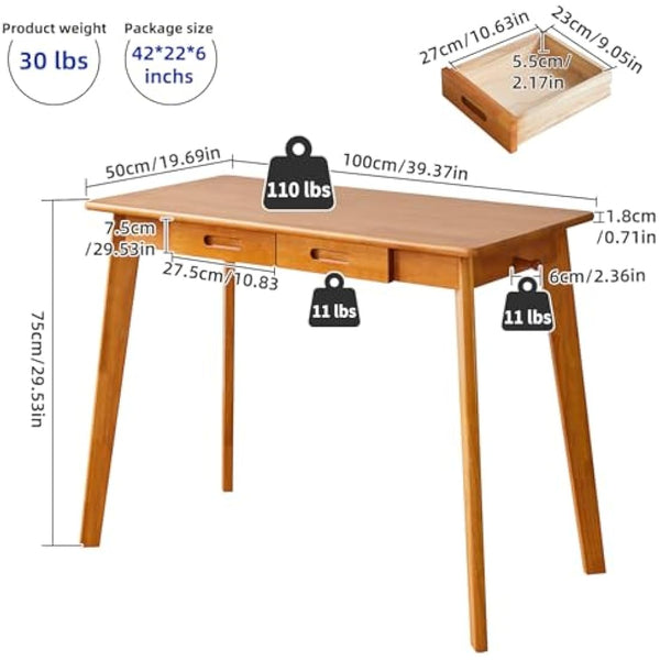 Aibiju Wood Writing Desk with Drawer and Hanging Rod, Small Computer Desk Table, 39x20x30inch Work Desk, Study Desk, Small Wooden Dining Table Cherry Wood Color YD-WD01N