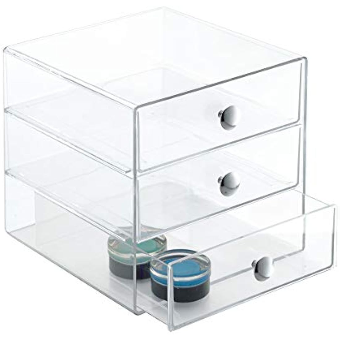 iDesign 35300 Makeup Organiser with Three Drawers, Sturdy Plastic Storage Box for Makeup, Accessories, Jewelry and More, Compact Dressing Table Organiser, Clear