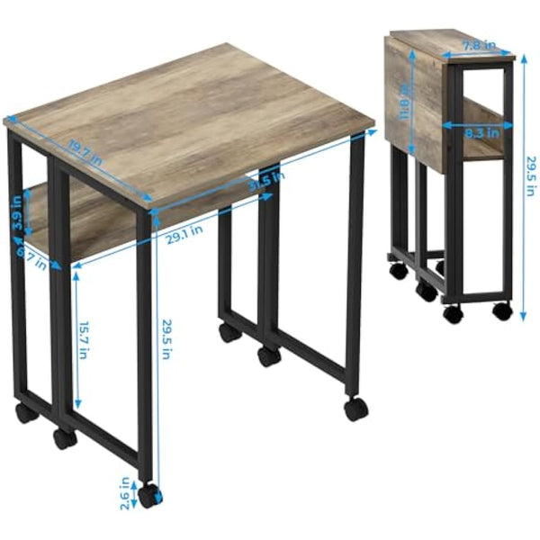 GreenForest Small Folding Desk with Storage Shelf,80 cm Computer Rolling Desk on Wheels Easy Assembly,Foldable desk for Small Space,Grey Wash