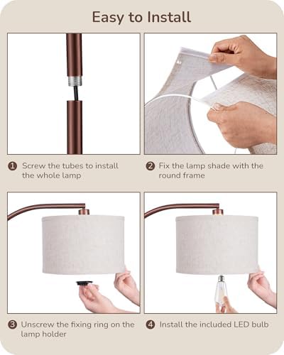 EDISHINE LED Floor Lamp, 63" Standing Lamp with Adjustable Linen Shade, Brown Metal Arc Light Pole, Modern Simple Reading Light for Living Room, Lounge, E27 Socket, LED Bulb Included