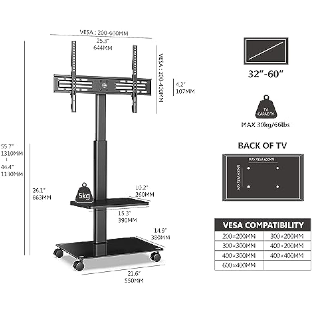 FITUEYES TV Stand on Wheels for 32 to 60 Inch TV, Swivel & Height Adjustable Portable Mobile TV Stand TV Trolley, Cable Management Removable Shelf Black