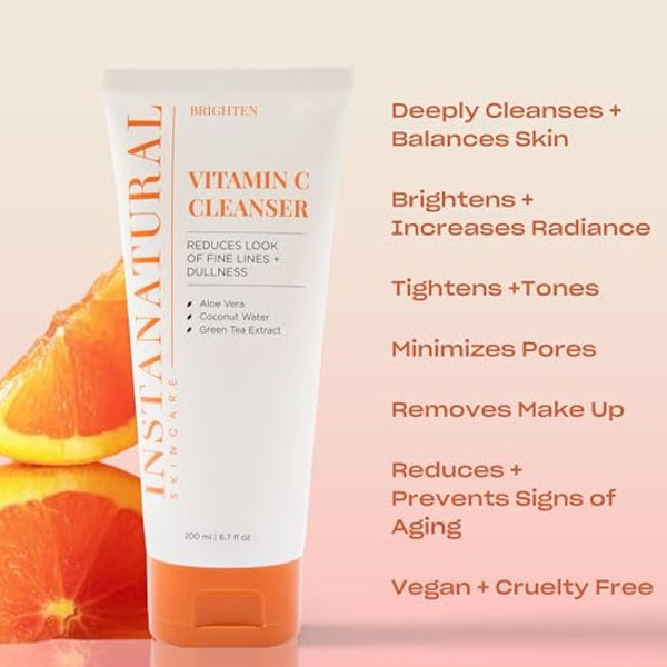 InstaNatural Vitamin C Facial Cleanser - Anti Aging, Breakout & Wrinkle Reducing Face Wash for Clear & Reduced Pores - With Organic & Natural Ingredients - For Oily, Dry & Sensitive Skin - 200 ml