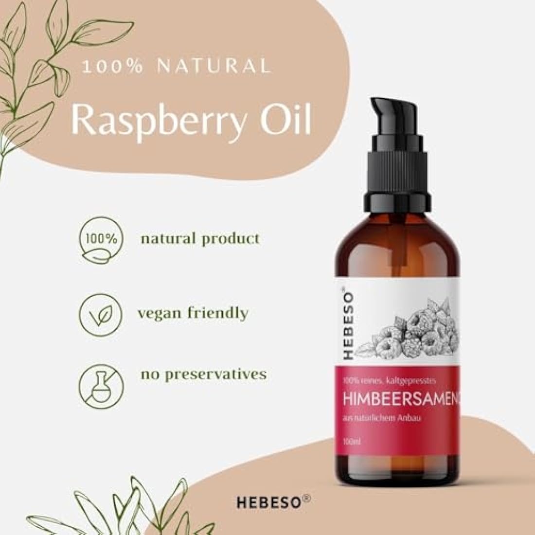 HEBESO - Raspberry seed oil 100% - Cold-Pressed 100ml - Anti-aging, nourishing, rich in vitamins A/E, EFAs - Treats wrinkles, fine lines, dry skin - Face care
