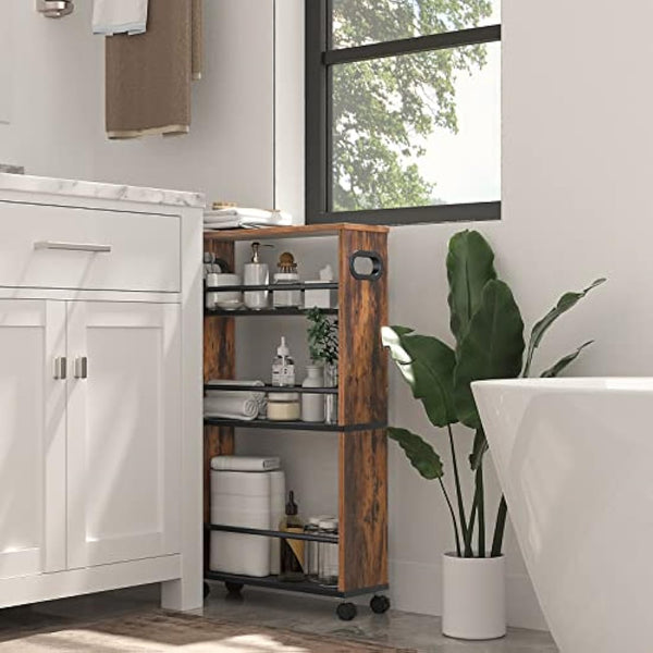 HOOBRO Slim Storage Trolley, Narrow Kitchen Cart for Small Space, Slide Out Kitchen Trolley on Wheels, 4-Tier Rolling Utility Cart with Handle, Bathroom, Living Room, Rustic Brown EBF15TC01