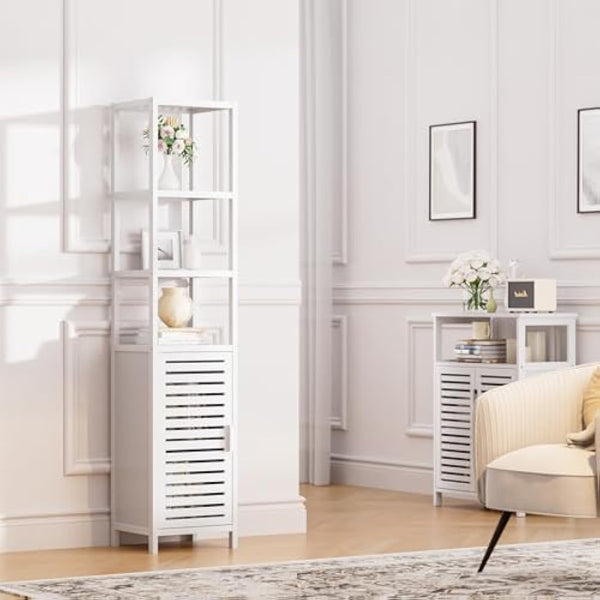 HITNET Bathroom Storage Cabinet, Bamboo Tall Narrow Linen Floor Standing Tower Organizer with Shutter Door and 4 Open Shelves for Kitchen, Living Room, Bedroom, White