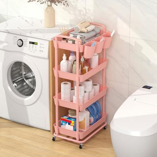JIUYOTREE 4-Tier Plastic Rolling Storage Cart Utility Cart with Extra Hanging Cups Handles Lockable Wheels for Living Room Bathroom Kitchen Office Pink