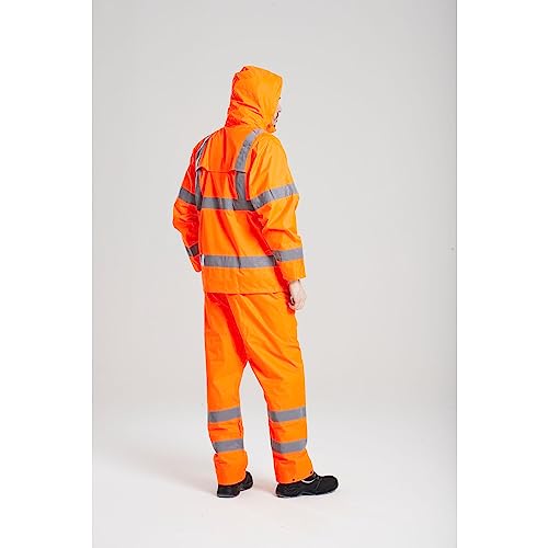 Portwest H440 Men's Waterproof Hi Vis Rain Jacket - Reflective Lightweight Safety Workwear with Pockets and Hood Orange, 4X-Large