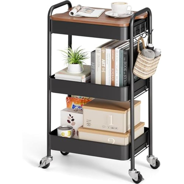 KINGRACK 3 Tier Metal Storage Trolley on Wheels with Removeable Wooden Worktop Trap Table Cover, Beauty Book Craft Tea Art Trolley for Home Bathroom Kitchen Laundry, No screws needed Easy