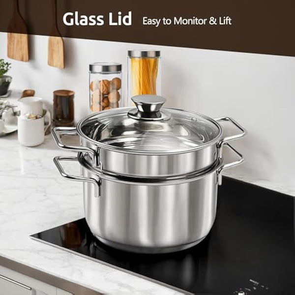 14-Piece Stainless Steel Pots and Pans Set, Induction Saucepan Set, Saucepan with Steamer & Glass Lids & Utensil Set, Bread Clip, Egg Beaters, Hot Pads, Spatulas, Suitable for All Stoves