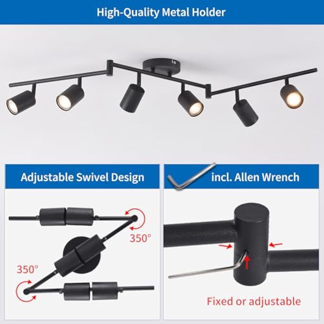 ANWIO 6 Black GU10 Spotlight Ceiling Lights,Bedroom Kitchen Lights Ceiling,GU10 Industrial Hallway Ceiling Light Fitting,Spot Light Bar Indoor Adjustable Light Ceiling Spot Lamp(Bulbs Not Included)