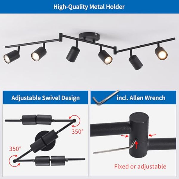 ANWIO 6 Black GU10 Spotlight Ceiling Lights,Bedroom Kitchen Lights Ceiling,GU10 Industrial Hallway Ceiling Light Fitting,Spot Light Bar Indoor Adjustable Light Ceiling Spot Lamp(Bulbs Not Included)