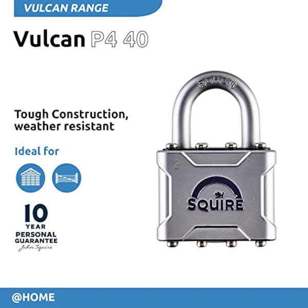 Squire Heavy Duty Padlock (Vulcan P4/40) - Toughest Open Shackle Vulcan Padlock - Steel Cast Alloy for Corrosion Resistance - Weatherproof Lock for Home, School & Shed (Silver, 40 mm)