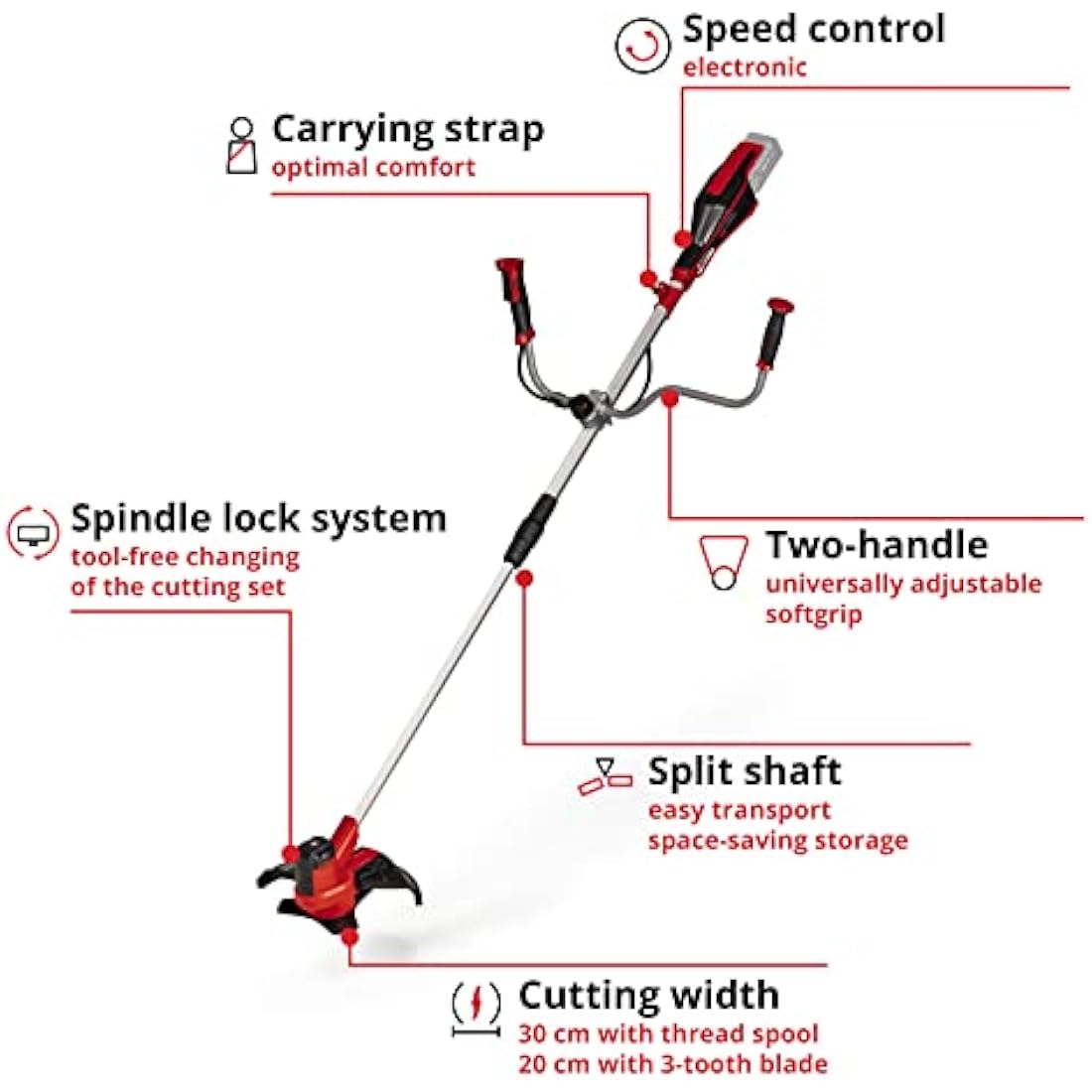 Einhell Power X-Change 18V Cordless Brush Cutter - Powerful Weed Trimmer With Metal Blades, Bump Fed Spool And Harness - AGILLO 18/200 Solo Battery Strimmer (Battery Not Included) Red & Black