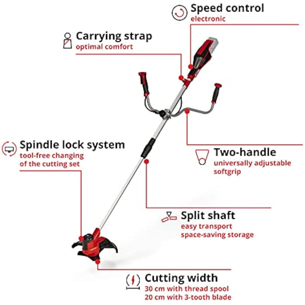 Einhell Power X-Change 18V Cordless Brush Cutter - Powerful Weed Trimmer With Metal Blades, Bump Fed Spool And Harness - AGILLO 18/200 Solo Battery Strimmer (Battery Not Included) Red & Black