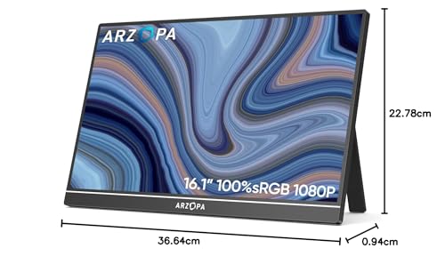 ARZOPA 16.1'' 144Hz Portable Monitor with Storage Bag, 100% sRGB 1920×1080P FHD HDR 144HZ Gaming Monitor, Ultra Slim - Eye Protection-External Second Screen for Laptop/PC/Mac/PS3/4/5/Xbox - Z1FC（Grey）