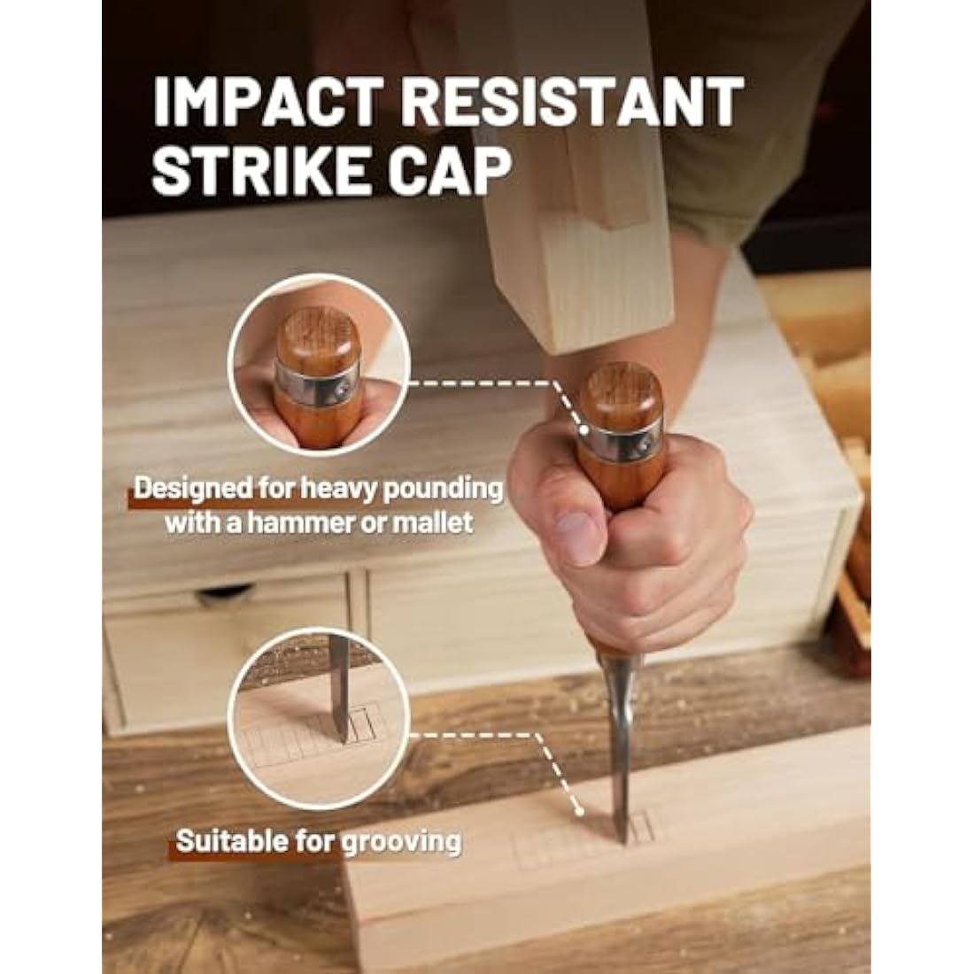 EZARC 6pc Wood Chisel Set for Woodworking - CRV Steel with Ash Wood Handle in Wooden Presentation Box