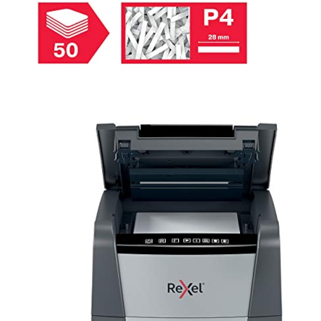 Rexel Optimum Auto Feed+ 50 Sheet Automatic Cross Cut Paper Shredder, P-4 Security, Home/Home Office, 20 Litre Removable Bin, 2020050X, Black