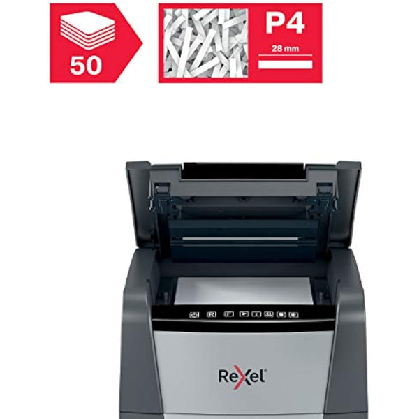Rexel Optimum Auto Feed+ 50 Sheet Automatic Cross Cut Paper Shredder, P-4 Security, Home/Home Office, 20 Litre Removable Bin, 2020050X, Black