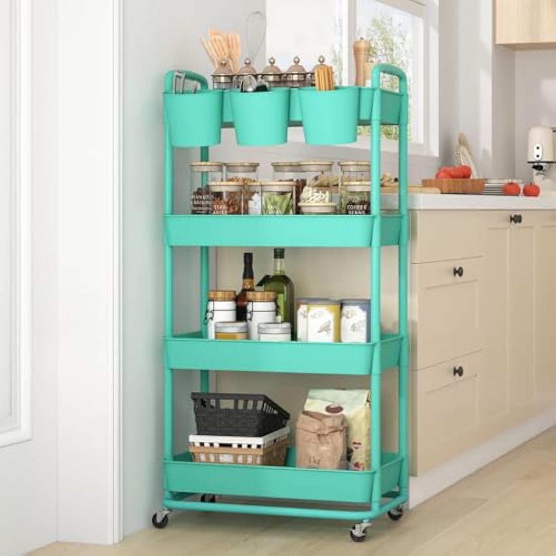 JIUYOTREE 4-Tier Plastic Rolling Storage Cart Utility Cart with Extra Hanging Cups Handles Lockable Wheels for Living Room Bathroom Kitchen Office Green