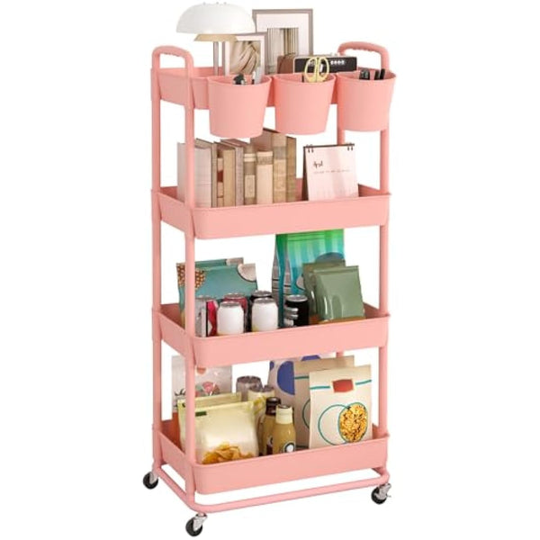 JIUYOTREE 4-Tier Plastic Rolling Storage Cart Utility Cart with Extra Hanging Cups Handles Lockable Wheels for Living Room Bathroom Kitchen Office Pink