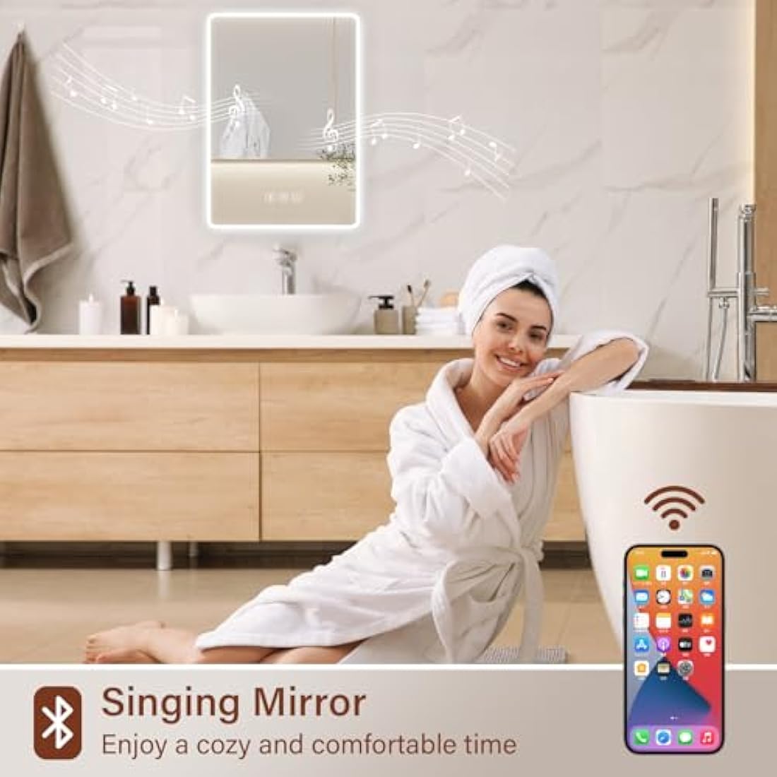 Habison 500 x 700 mm Bluetooth LED Illuminated Bathroom Mirror, Anti-Fog Wall Mirror with Lighting with Touch Switch, Bluetooth Speaker, 3 Colours Temperature, Adjustable Brightness