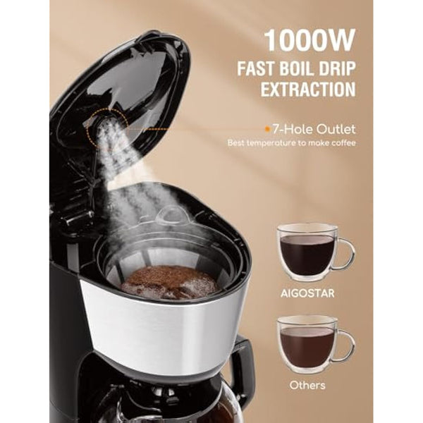 Aigostar Filter Coffee Machine Drip Coffee Maker, 40Mins Keep Warm, Anti-Drip Function, Fast Brewing Coffee Maker with Reusable Filter, Pour Over Technology, 1000W, 1.25L - Chocolate 30KYJ