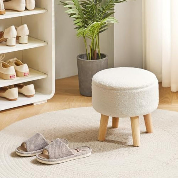 IBUYKE 13 Inch Small Footstool Ottoman with Storage, Round Pouffe Foot Rest with Padded Seat and Wood Legs, Teddy Velvet Mini Footstool for Living Room Couch Bedroom Entryway, Cream WBD006W