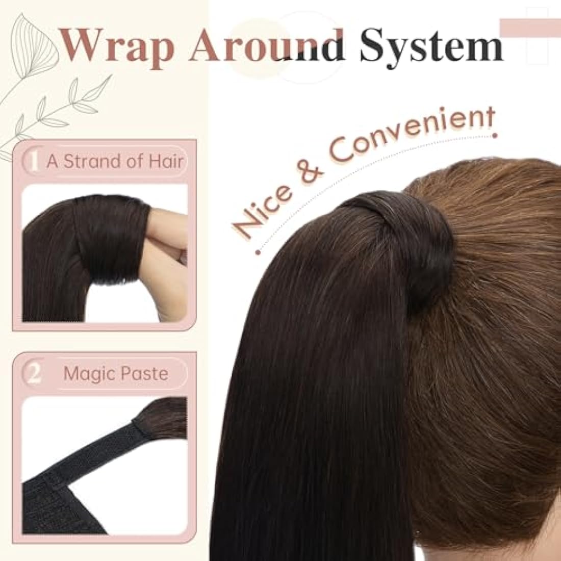 Elailite Human Hair Ponytail Extension Straight - Wrap Around Clip in Real Hair Ponytail 100% Remy Hair (#2 Dark Brown, 14 Inch)
