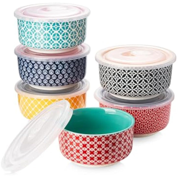 DOWAN Ramekins with Lids, 6 OZ Porcelain Ramekin Dishes for Creme Brulee Soufflé, Egg Mould, Muffin Cases, Mini Dip Bowl, Baking Bowl for Oven & Air Fryer, Vibrant Joy-Pack of 6