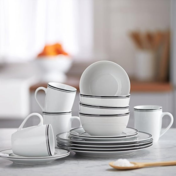 Amazon Basics Cafe Stripe Dinnerware Set with 16-Pieces - Black