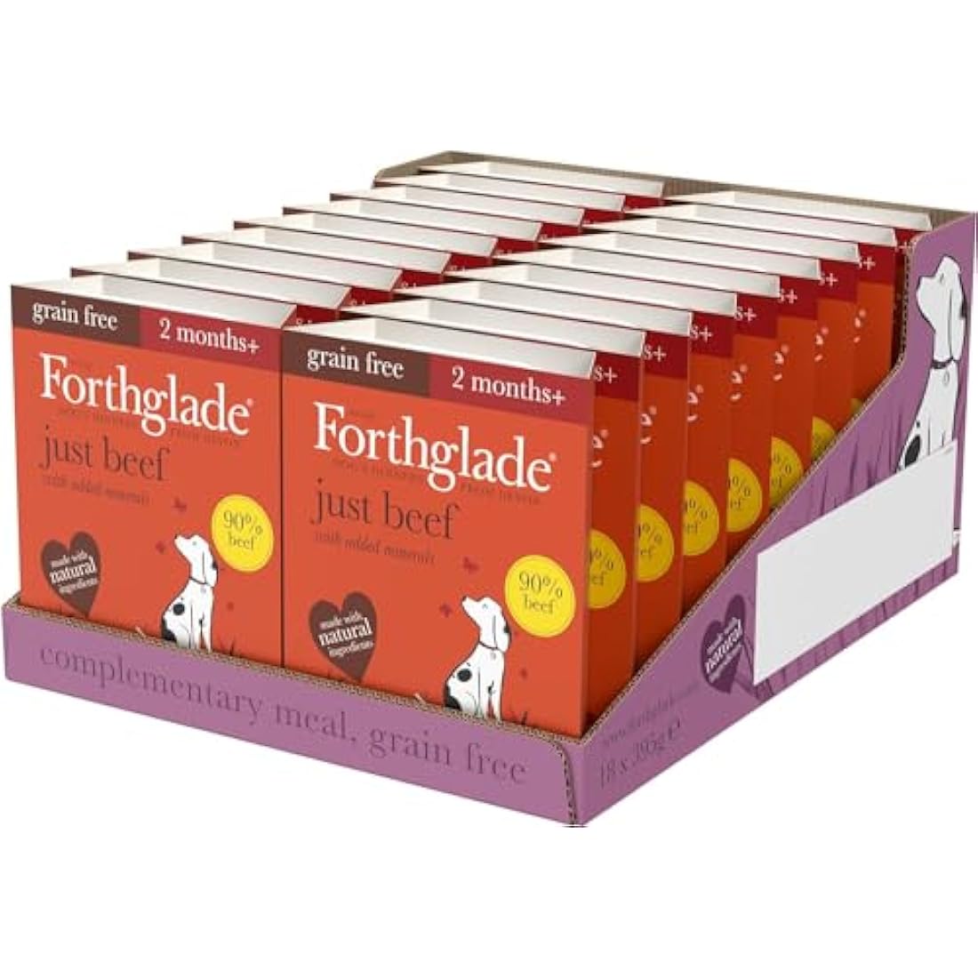 Forthglade Complementary Wet Dog Food (18 x 395g Trays) - Grain Free & Hypoallergenic Dog Food, Just 90% Beef, Stomach Sensitive Meals with Natural Ingredients
