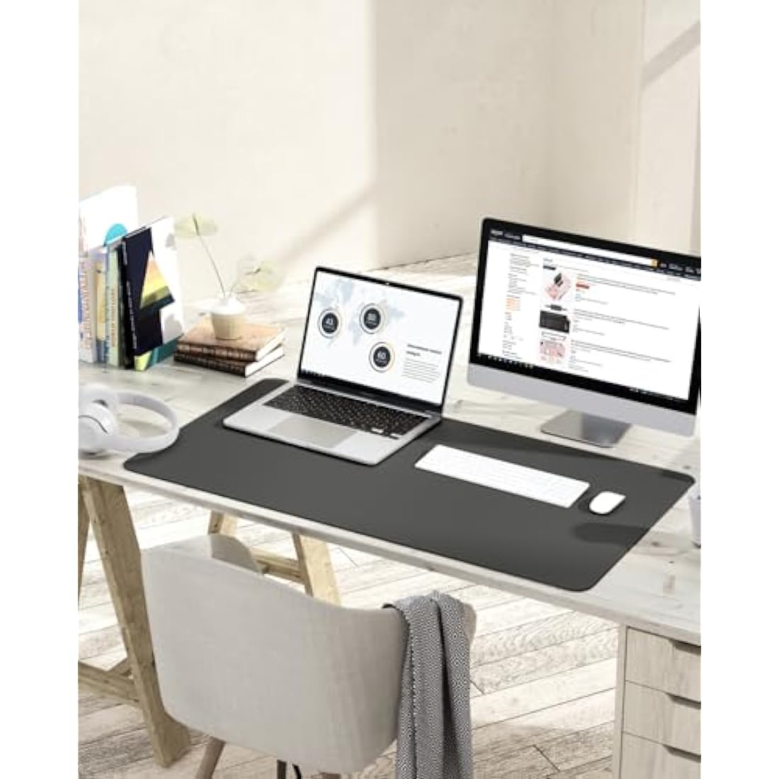 YSAGi Non-Slip Desk Pad, Waterproof PVC Leather Desk Table Protector, Ultra Thin Large Mouse Pad, Easy Clean Laptop Desk Writing Mat for Office Work/Home/Decor (90 x 43 cm, Dark Gray)