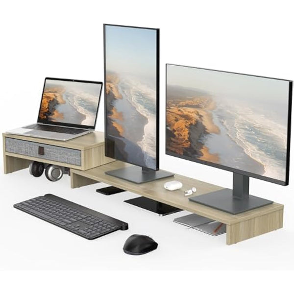 Fenge Dual Monitor Stand With Drawer - 2 Shelf Riser With Adjustable Length and Angle, Wood Stand for 2 Monitors, Laptop PC, Computer, Printer, Desktop Organizer, Oak